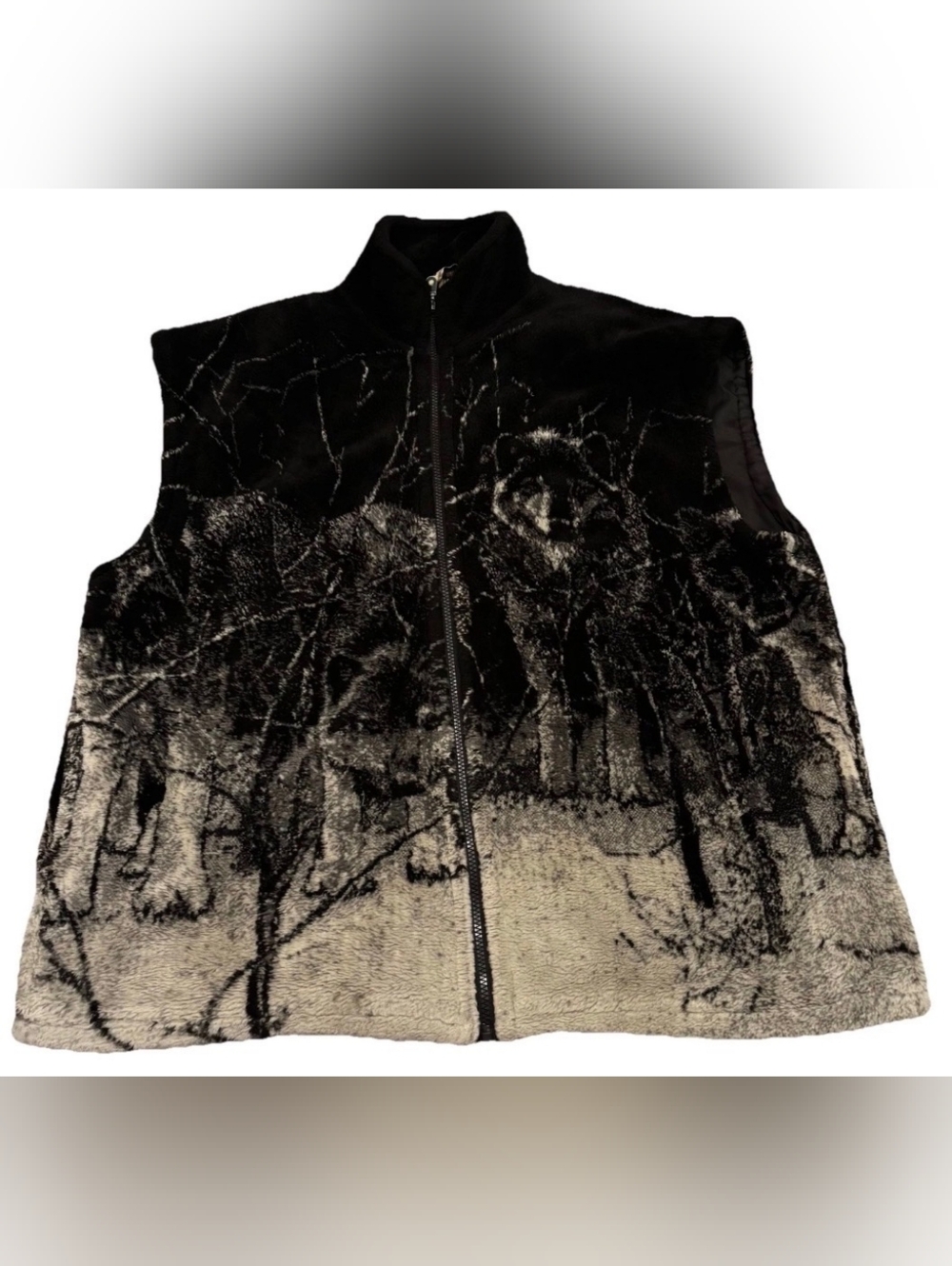 1990’s Men’s Glacier Gear Outdoors Plush Black/Gray Wolf Zip-Front Vest, Sz L! 🍁